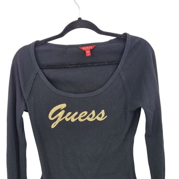 Y2K‎ Guess Black Long-Sleeve Thermal Knit Top Womens Sz M Gold Rhinestone Logo - Picture 6 of 12